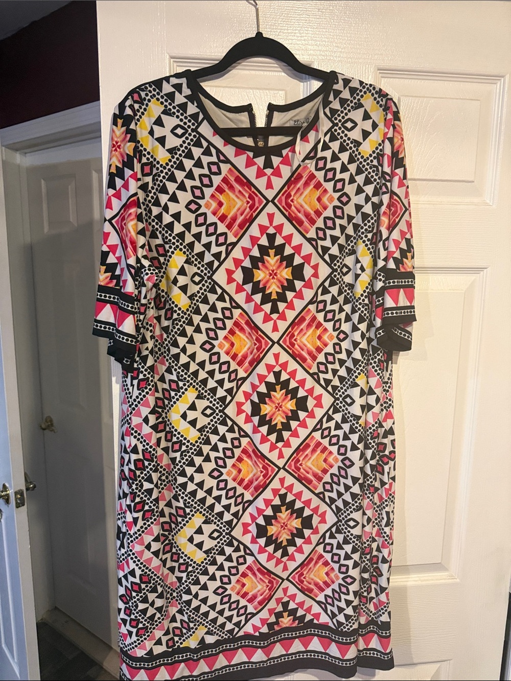 Eliza J Geometric Midi Dress in Pink, Yellow, Black & White